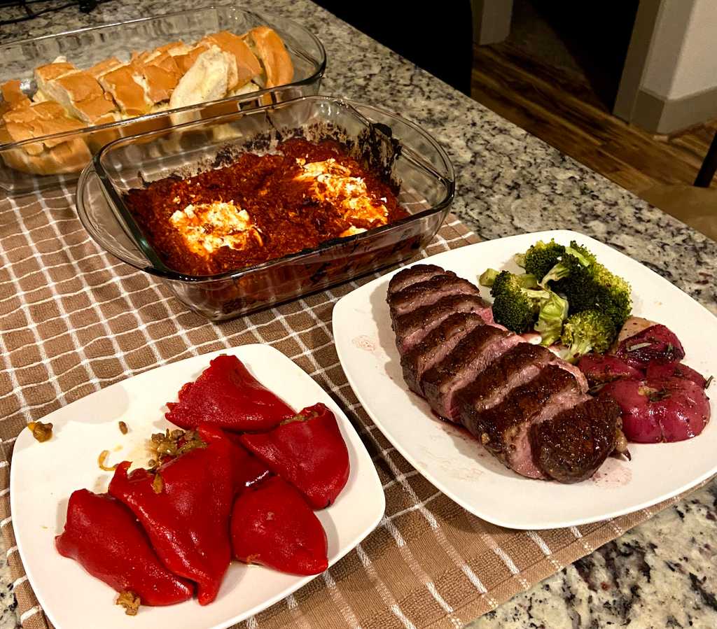 Bread, goat cheese, stuffed peppers, duck