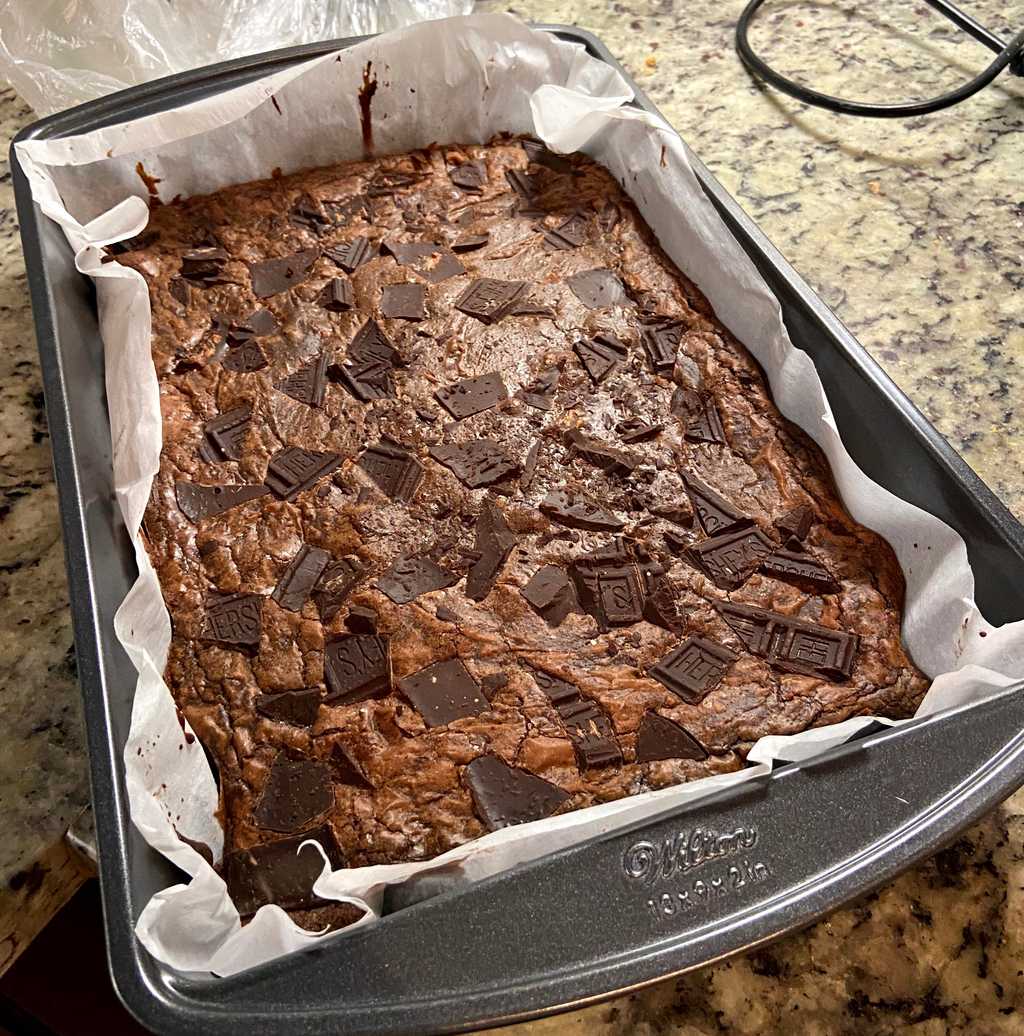 Pan of baked brownies