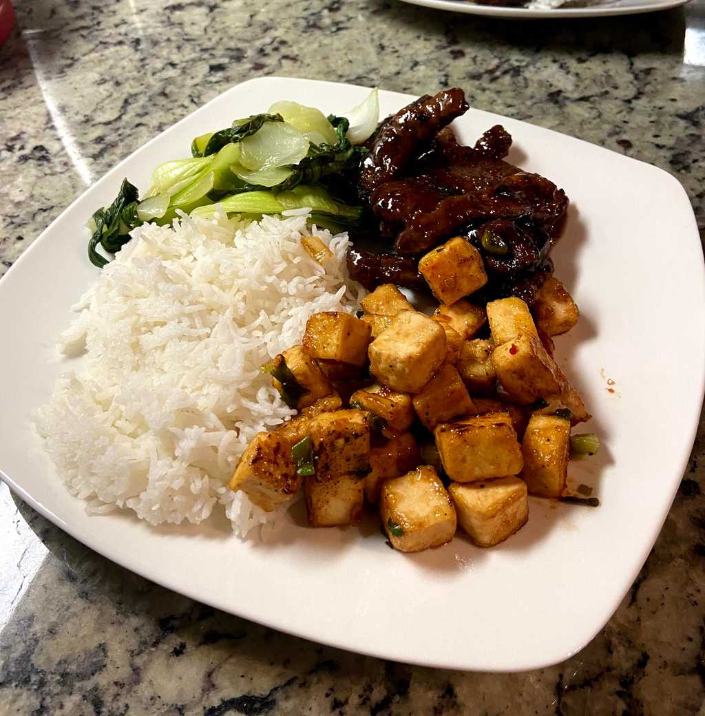 Rice, tofu, bok choy, and beef